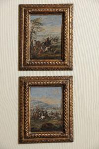 Par de batalhas de Francesco Graziani, conhecido como "Ciccio Napolitano", óleo sobre cobre, 20 x 17 cm